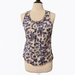 Halogen Blue and Cream Ruffled Sleeveless Silk Blouse NWOT